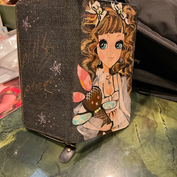 Hand-painted Rhinestones Denim Jean Fold Wallet with Girl Holding Rabbit NWOT - Picture 3 of 12